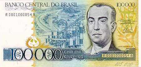 Cédula de cem mil Cruzeiros com a imagem do ex-presidente Juscelino Kibitschek