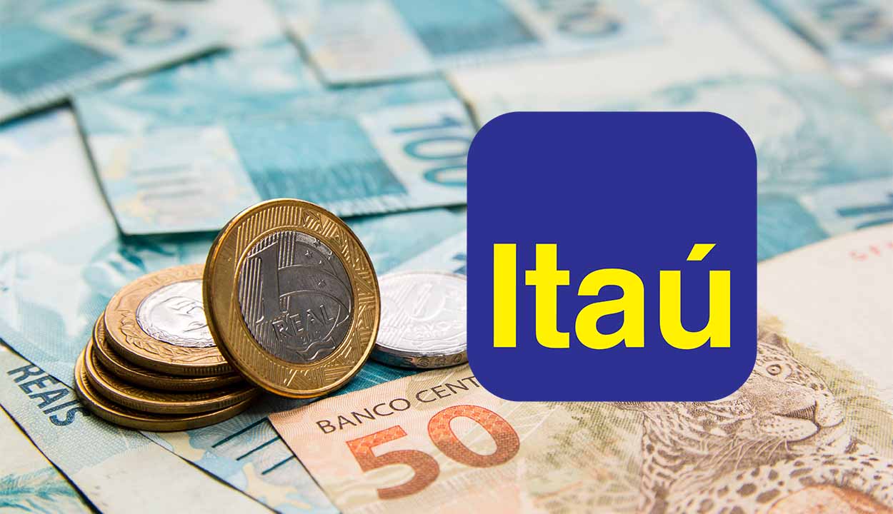 Montagem com várias moedas e notas de Real com a logo do Itaú