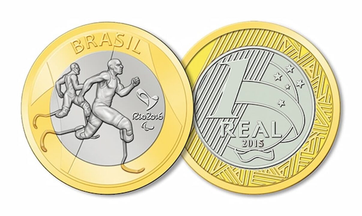 frente e verso de moeda de um real, com a imagem de dois atletas paralímpicos cunhadas nela