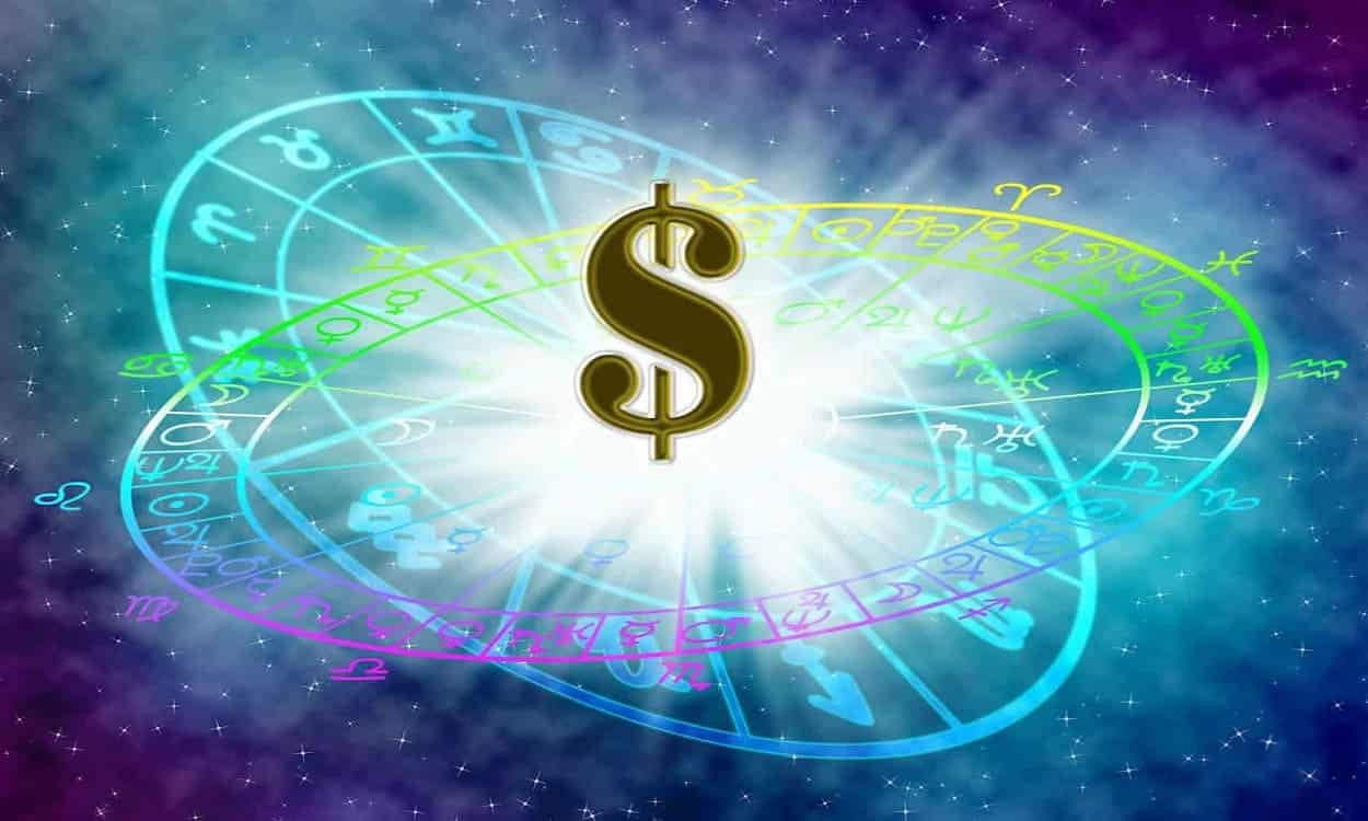 Ilustração dos signos do horóscopo e cifrão de dinheiro.