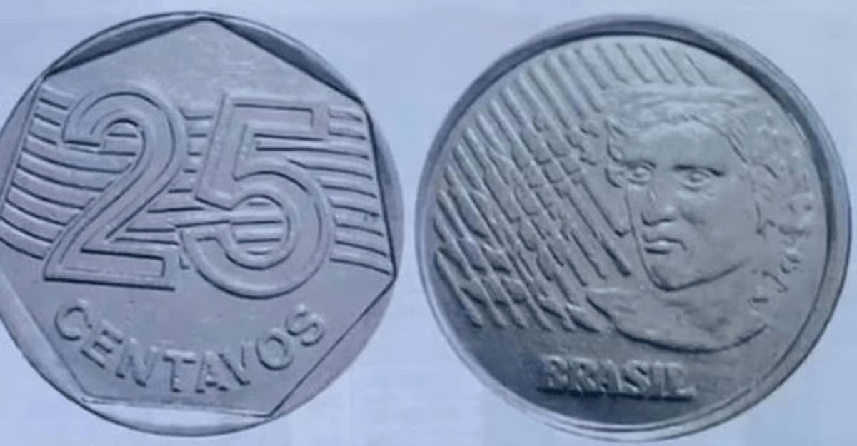 A imagem mostra frente e verso de uma moeda de 25 centavos, prata.