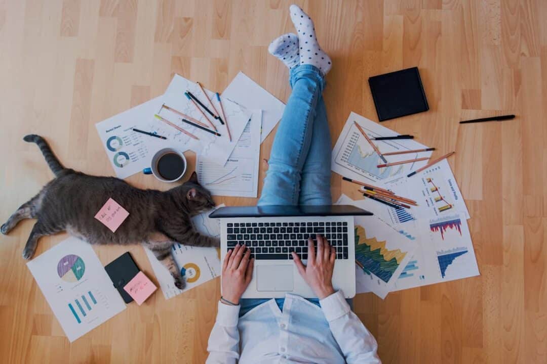 Imagem de uma pessoa sentada no chão, com um notebook no colo, rodeada de papeis e com um gato ao lado.