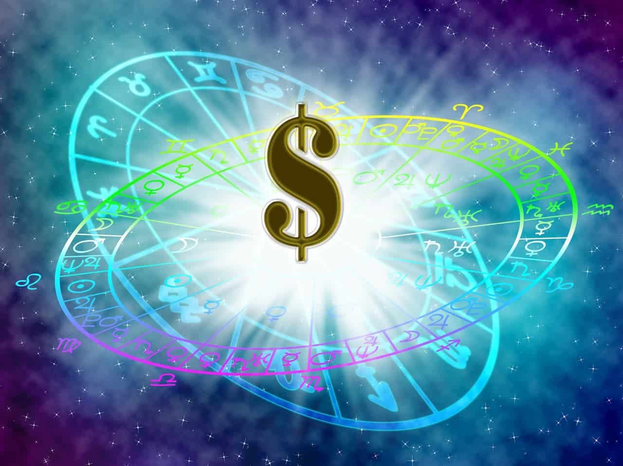 Imagem mostra os signos do horóscopo e um cifrão de dinheiro.
