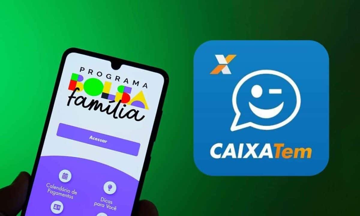 Celular com o app do Bolsa Família aberto e ao lado a logo do Caixa Tem