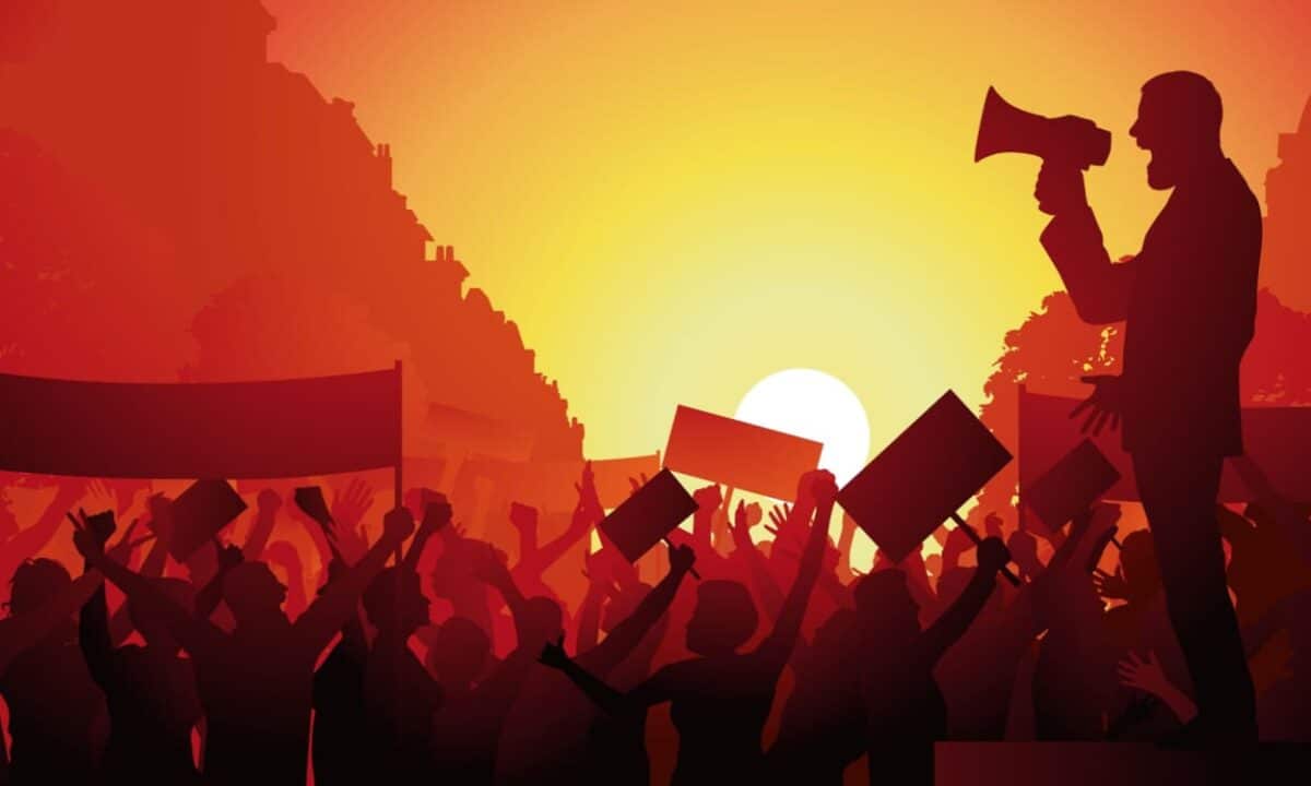 Ilustração de um grupo de pessoas em greve