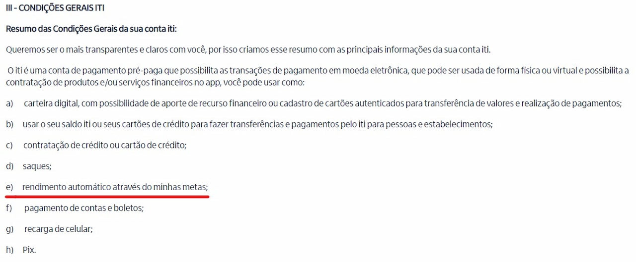 Imagem dos Termos de Uso da conta iti Itaú, que foram alterados segundo comunicado do banco.
