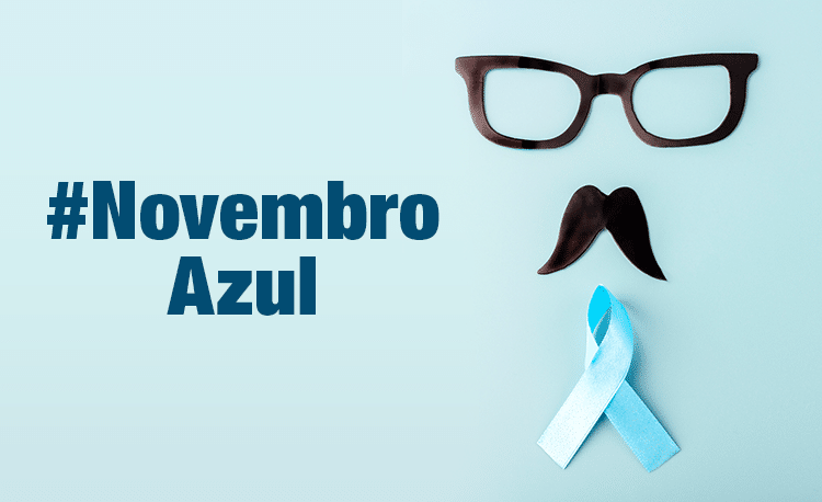 Quadro azul escrito Novembro Azul com óculos e bigode