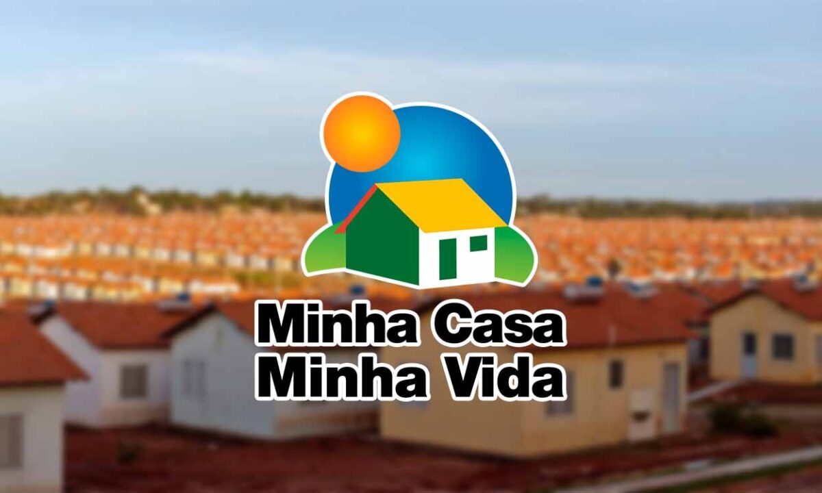 Imagem de diversos imóveis em condomínio e a logo do programa Minha Casa, Minha vida no centro.