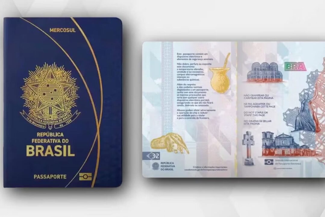Capa e página interna do novo passaporte brasileiro.
