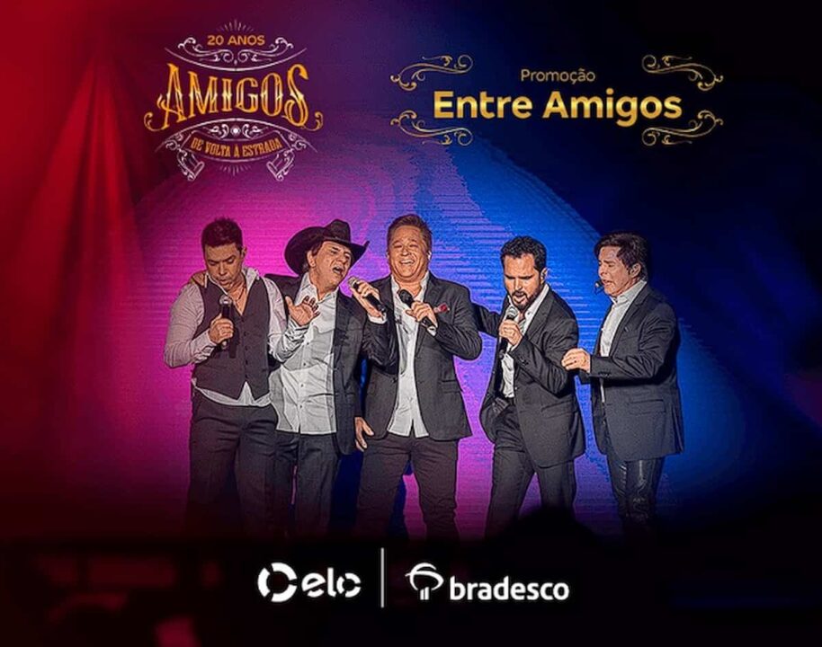 Banner da Promoção Entre Amigos, oferecida por Bradesco e Elo.