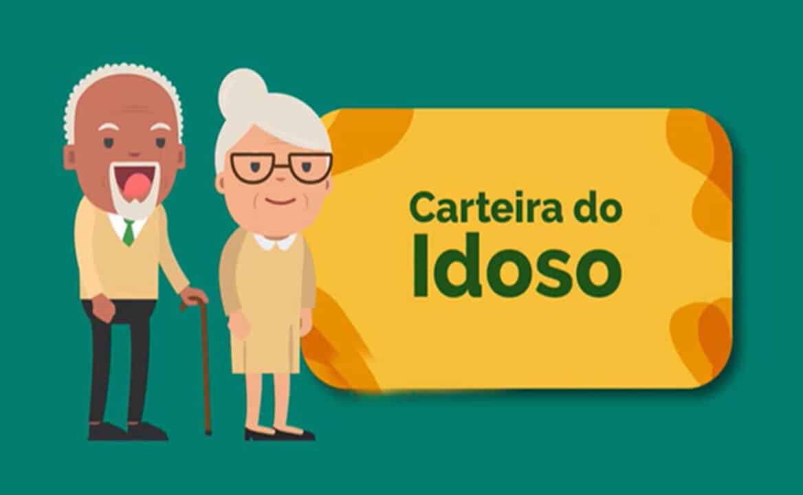 Imagem de uma animação de dois bonecos idosos ao lado de um banner com a palavra "carteira do idoso"