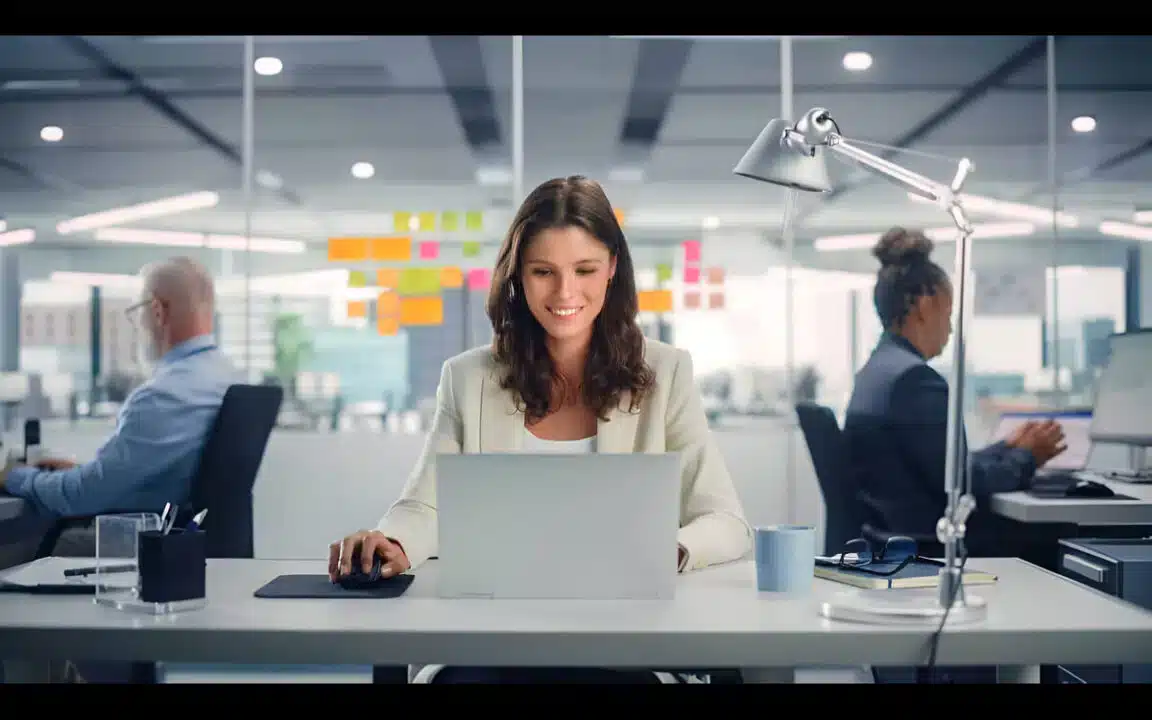 Mulher empresária usando notebook e sorrindo, duas pessoas trabalhando ao fundo