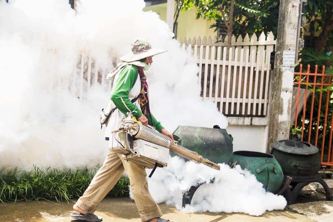 O homem está usando a máquina de névoa térmica para proteger a propagação do mosquito da dengue