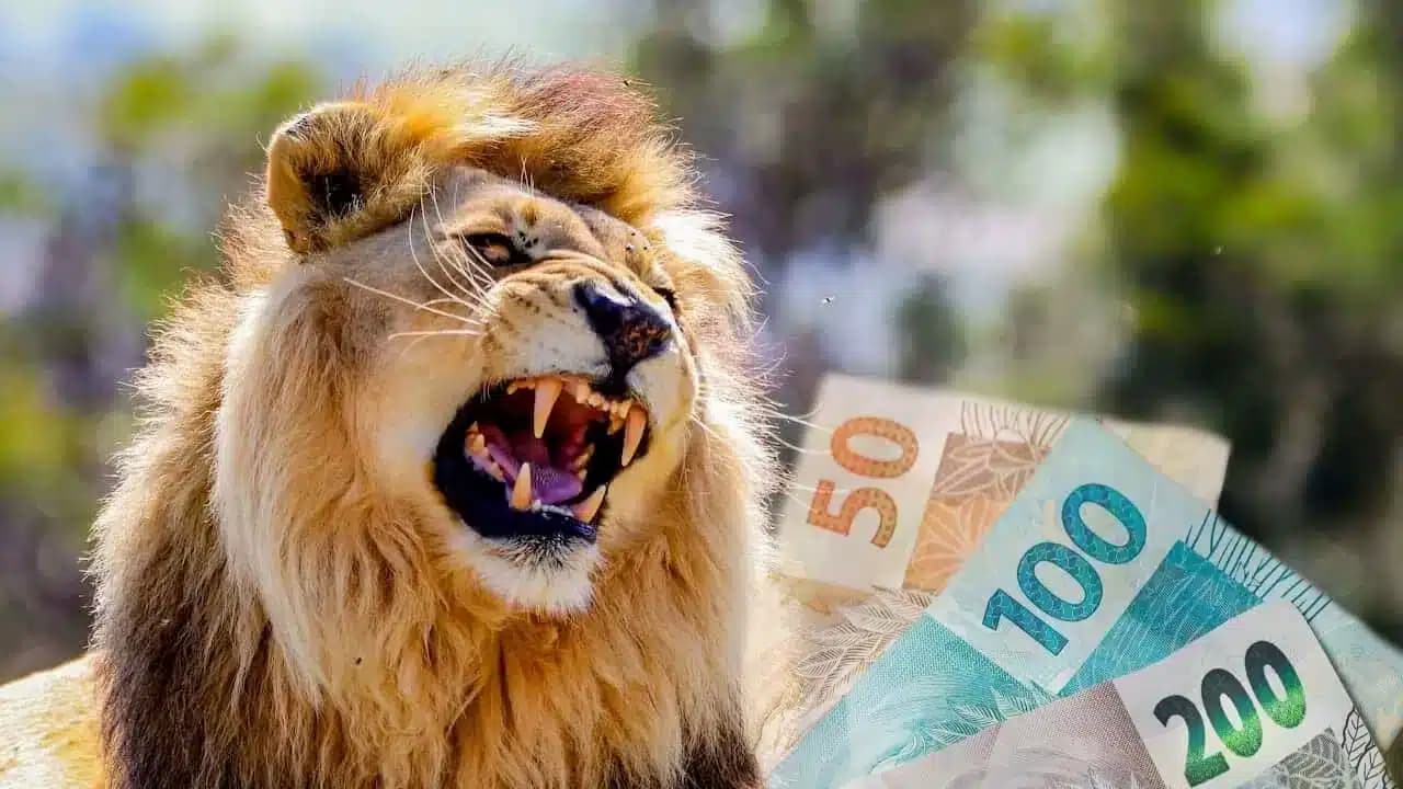 Leão símbolo do Imposto de Renda ao lado de notas de 50 e 100 reais adicionadas à imagem via edição.