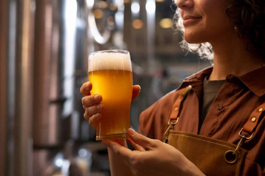 Mulher com um copo de cerveja na mão