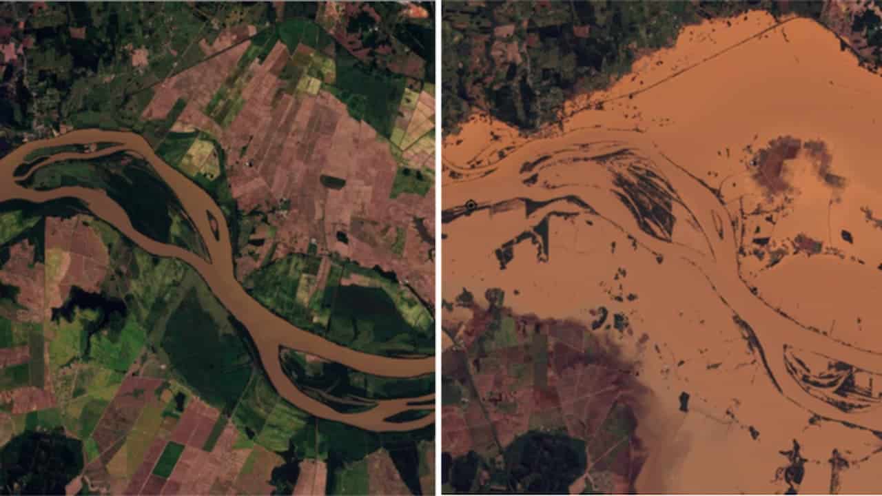 Imagem do antes e depois das enchentes do Rio Grande do Sul