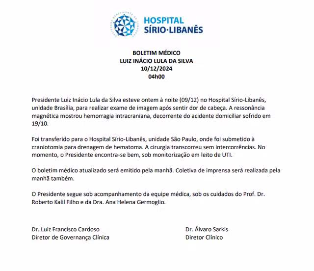 boletim médico Lula
