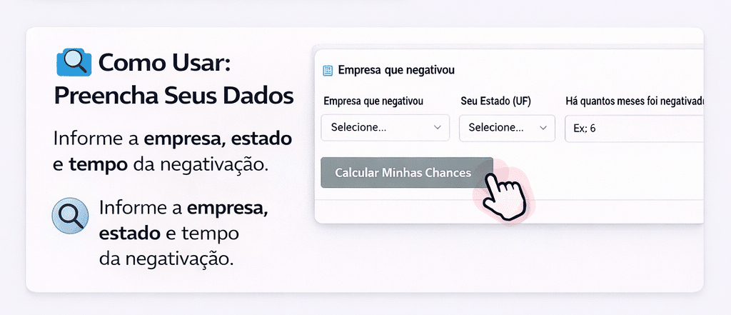 Tela da calculadora mostrando os campos de preenchimento: Empresa, Estado e Tempo de negativação.