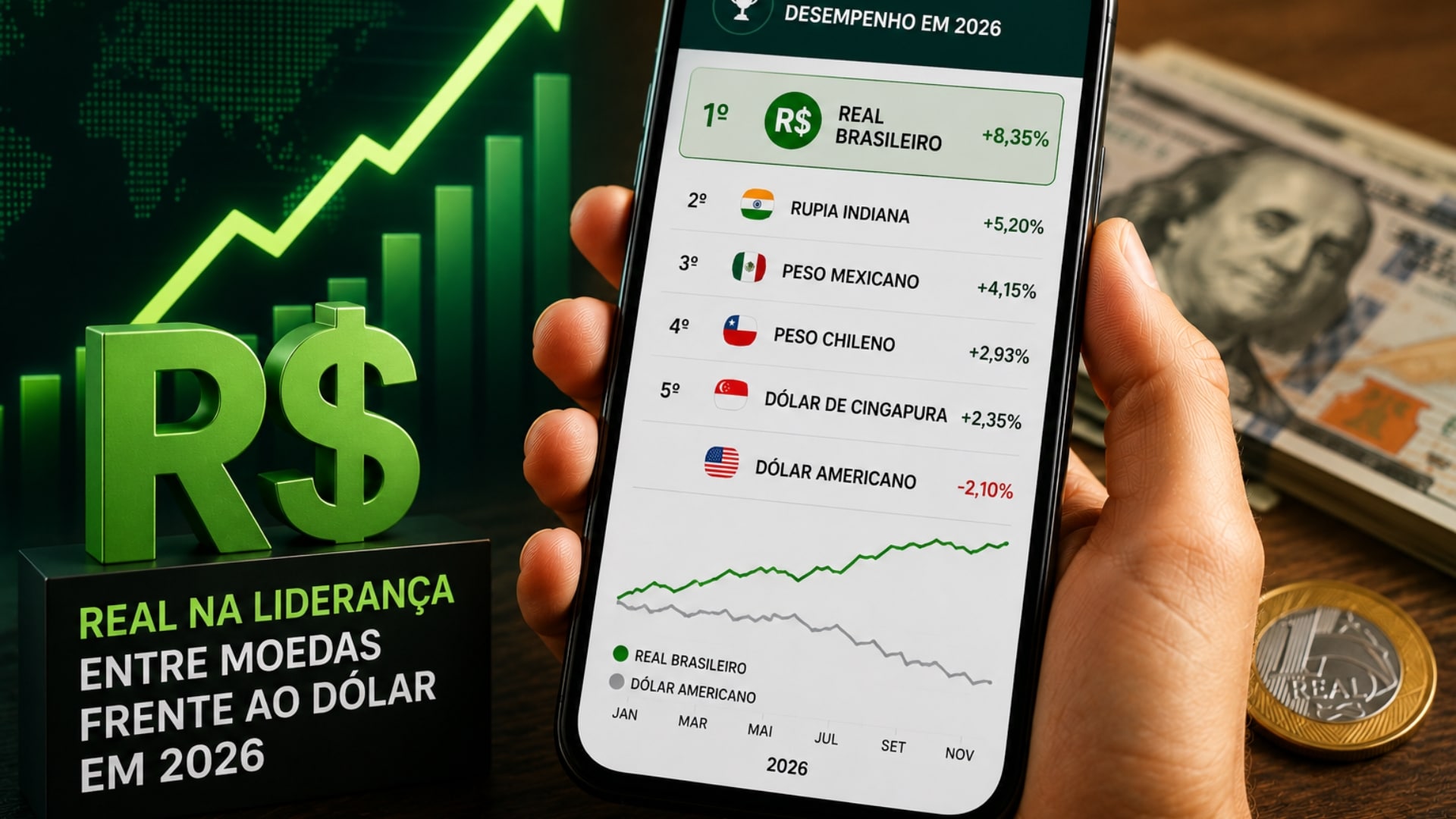 Levantamento coloca real na liderança entre moedas frente ao dólar em 2026