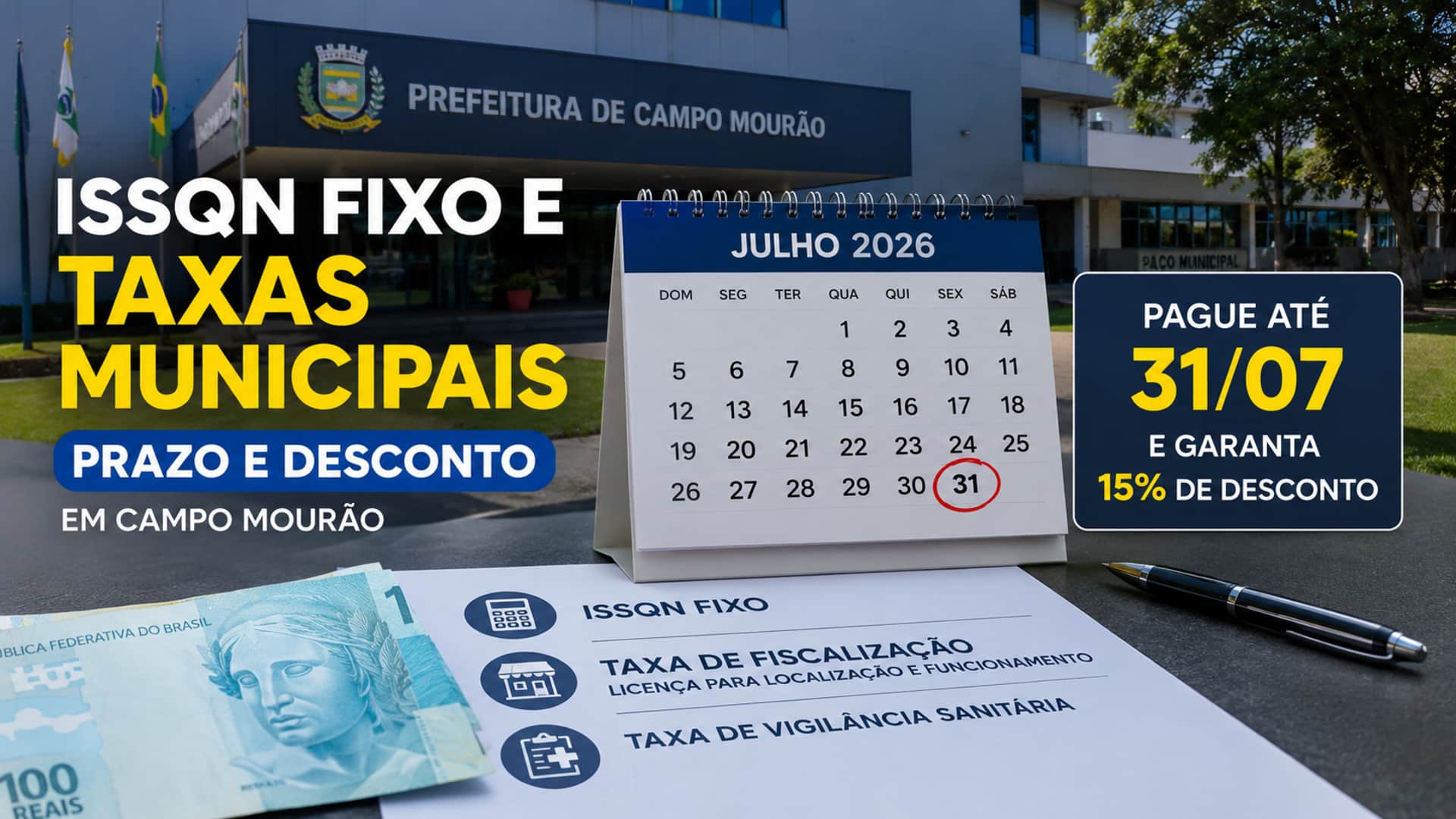 Pagamento do ISSQN Fixo com desconto vence em 31 de julho